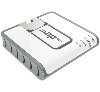 O mais pequeno ponto de acesso da MikroTik. O mAP lite (RBmAPL-2nD) é ideal como router de viagem, com alimentação via MicroUSB ou PoE e a potência do RouterOS. - RBMAPL-2ND