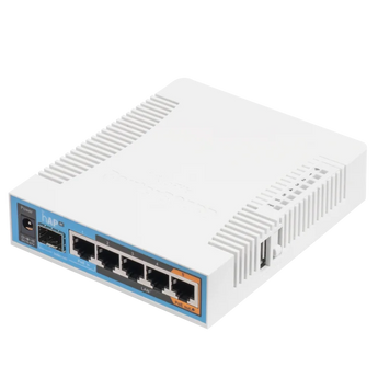 O router "tudo-em-um" da Mikrotik (hAP ac). Wi-Fi AC1750 (3x3 MIMO), 5x Portas Gigabit, 1x Slot SFP, 1x USB (p/ 4G) e PoE-Out (Porta 5). RouterOS L4. - RB962UIGS-5HACT2HNT