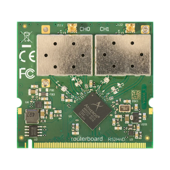 Placa wireless WISP Mikrotik R52HnD. Dual-band (2.4 ou 5GHz) selecionável, alta potência (400mW), Wi-Fi 4 (802.11n), 2x MMCX. Proteção ESD 15kV. - R52HND