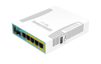 Router de 5 portas Gigabit da MikroTik com 4 portas de saída PoE passiva. O hEX PoE (RB960PGS) inclui uma porta SFP, USB 2.0 e a potência do RouterOS. - RB960PGS