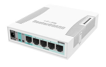 Switch SOHO de 5 portas Gigabit e 1 porta SFP da MikroTik. O CSS106-5G-1S é um switch smart gerido por SwOS, com suporte para VLANs, QoS e muito mais. - RB260GS