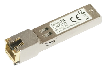 Módulo SFP+ da MikroTik que converte uma porta de fibra 10G num porto RJ45 de cobre. O S+RJ10 suporta múltiplas velocidades, incluindo 1G, 2.5G, 5G e 10G. - S+RJ10