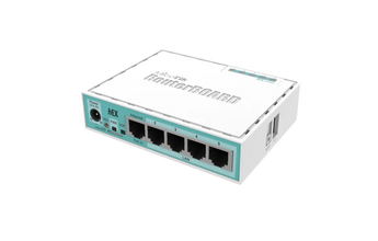 Router de 5 portas Gigabit da MikroTik para locais onde não é necessária ligação sem fios. O hEX (RB750Gr3) tem um potente CPU dual-core e aceleração IPsec. - RB750GR3