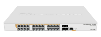 O CRS328-24P-4S+RM é um switch com 28 portas independentes. Dispõe de 24 portas Ethernet Gigabit, que oferecem diferentes opções de alimentação: PoE passivo, PoE de baixa voltagem e 802.3af/at. - CRS328-24P-4S+RM
