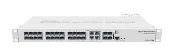 Switch de fibra de alta densidade da MikroTik. O CRS328 oferece 20 portas SFP, 4 portas 10G SFP+ e 4 portas Combo (SFP/Ethernet), com dual-boot e fontes redundantes. - CRS328-4C-20S-4S+RM