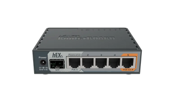 Router de 6 portas da MikroTik com CPU dual-core, 256MB RAM e aceleração IPsec. O hEX S (RB760iGS) oferece 5 portas GbE, 1 porta SFP e saída PoE. - RB760IGS