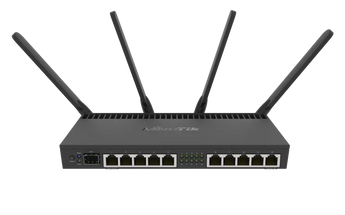 Router de alta performance da MikroTik com CPU quad-core de 1.4GHz e aceleração IPsec. O RB4011 oferece 10 portas Gigabit, 1 porta 10G SFP+ e Wi-Fi 4x4 MIMO. - RB4011IGS+5HACQ2HND-IN