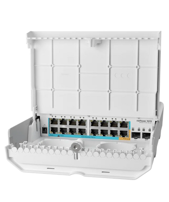 O switch outdoor da MikroTik para ISPs. O netPower 15FR possui 15 portas Reverse PoE, 2 portas SFP e é a alternativa de baixo custo ao GPON. - CRS318-1FI-15FR-2S-OUT