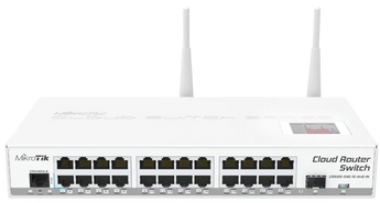 A solução "tudo-em-um" da MikroTik para SOHO. O CRS125 é um router, switch L3 de 24 portas Gigabit, com SFP, e um ponto de acesso Wi-Fi de alta potência. - CRS125-24G-1S-2HND-IN