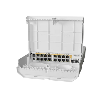 Switch de exterior com 16 portas Gigabit PoE-out e 2 uplinks 10G SFP+. O netPower 16P da MikroTik é a solução ideal para alimentar APs e câmaras em torres. - CRS318-16P-2S+OUT