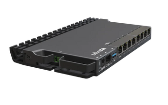 O router "heavy-duty" para laboratórios domésticos da MikroTik. O RB5009 oferece 9 portas com fios, CPU quad-core, 1GB RAM e múltiplas opções de alimentação. - RB5009UG+S+IN
