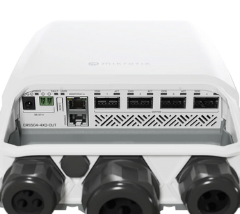 Leve os 100 Gigabits para o exterior com o switch MikroTik CRS504-4XQ-OUT. Oferece 4 portas 100G QSFP28, proteção IP66 e múltiplas opções de alimentação. - CRS504-4XQ-OUT