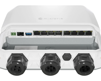 A versão de exterior do RB5009. Este router MikroTik oferece 9 opções de alimentação, PoE-in/out em todas as portas, 2.5G Ethernet, 10G SFP+ e proteção IP66. - RB5009UPR+S+OUT