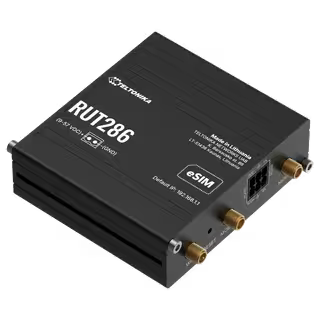 Router industrial Teltonika RUT286 com conetividade LTE Cat 4, 3G e 2G. Inclui 2 slots SIM, suporte eSIM, Wi-Fi, PoE-In e portas série RS232/RS485.