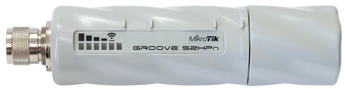 O CPE outdoor mais versátil da Mikrotik (Groove 52HPn). Rádio 2.4/5GHz (selecionável por software), 500mW (27dBm) e conector N-Macho. Licença L3 (PtP/CPE). 1x 10/100. - RBGROOVE52HPN