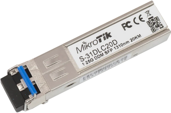 Crie links de fibra fiáveis de até 20km com o módulo MikroTik S-31DLC20D. Transceiver SFP 1.25G para fibra monomodo (SM) com conector LC Duplo. - S-31DLC20D