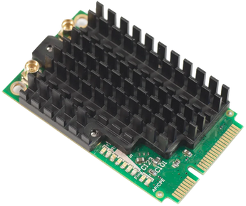Placa wireless 5GHz High Power Mikrotik (R11e-5HnD). Formato miniPCI-e, Wi-Fi 4 (802.11a/n), 2x MMCX. LEDs de sinal integrados para alinhamento fácil. - R11E-5HND
