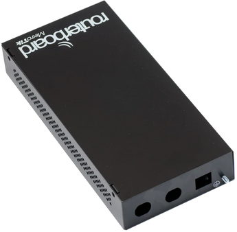 Caixa indoor (CA493) em alumínio preto da Mikrotik. Desenhada para a série RB493. Design mais alto c/ 3 furos para conectores N-female ou antenas swivel. - CA493