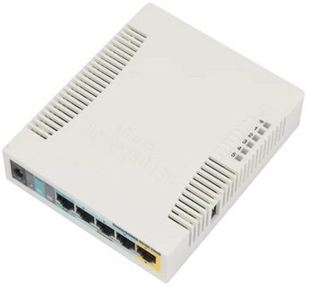 Router e Access Point Wi-Fi da MikroTik para pequenos escritórios. Com 5 portas Ethernet, porta USB e saída PoE na porta 5. - RB951UI-2HND