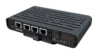 Router e Access Point MikroTik hAP be lite com tecnologia Wi-Fi 7 (BE3600). Inclui porta de 2.5G, alimentação USB-C, CPU ARM Dual-core e sistema RouterOS v7.