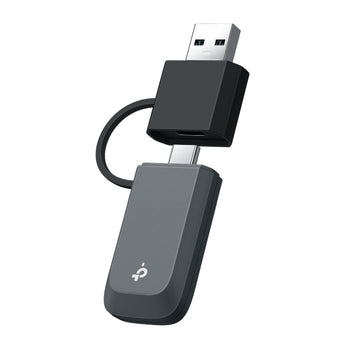 Adaptador USB TP-Link Archer TBE400U Wi-Fi 7 (BE6500). Operação Tri-Band (com 6 GHz), design compacto com antenas internas, conector USB-C/A e Plug & Play.