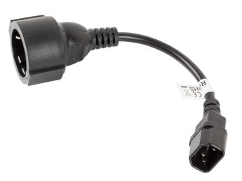 Cabo adaptador UPS Lanberg CA-C14E-10CC-0018-BK (20cm). Converte a saída C14 do seu bastidor numa tomada Schuko. Suporta 10A com condutor espesso de 1.5mm².