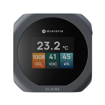 O MikroTik CLAIRÉ Lite monitoriza CO2, VOC, temperatura e humidade. Integra-se nativamente com Matter over Thread e Home Assistant para automação local.
