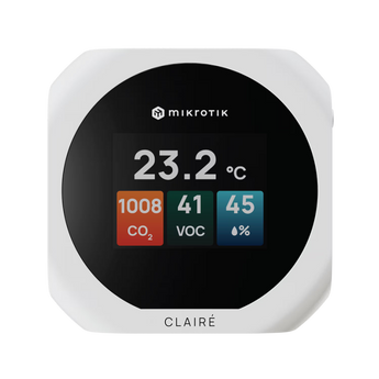 O MikroTik CLAIRÉ Lite monitoriza CO2, VOC, temperatura e humidade. Integra-se nativamente com Matter over Thread e Home Assistant para automação local.