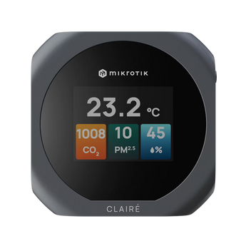 O MikroTik CLAIRÉ monitoriza CO2, PM2.5, PM10, VOC, temperatura e humidade. Possui um ecrã a cores de 2" e integra-se nativamente com Matter over Thread e Home Assistant.