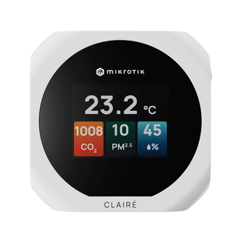 O MikroTik CLAIRÉ monitoriza CO2, PM2.5, PM10, VOC, temperatura e humidade. Possui um ecrã a cores de 2" e integra-se nativamente com Matter over Thread e Home Assistant.