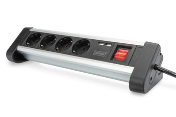Bloco de tomadas de secretária Digitus (DA-70614) em alumínio premium. 4 tomadas (45º), 2 portas USB (5V/2A) e práticos grampos de fixação para mesa.