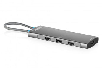 Digitus DA-70920: dock USB-C 8 portas, HDMI 4K/60Hz, PD 100W, 2×USB-A 5Gbps + 1×USB-C 5Gbps + 3×USB-A 2.0, alumínio, 70g, Windows/macOS/iOS/Android.