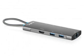 Digitus DA-70921: dock USB-C 8 portas, HDMI 4K/60Hz, Gigabit RJ45 MAC passthrough, PD 100W, 4×USB-A + 1×USB-C 5Gbps, alumínio, 71.6g, Windows/macOS.