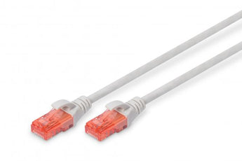Patch Cord CAT 6 U/UTP Digitus DK-1617-150. 15 metros, Cinzento. Condutor 100% Cobre, Revestimento LSZH (Low Smoke). Conectores RJ45 com identificação vermelha. PoE+ ready. - DK-1617-150