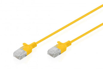 Cabo patch cord Digitus Slim CAT 6 Amarelo (0.3 metros). Diâmetro ultra-fino de 2.7mm ideal para espaços apertados. Suporta Gigabit e PoE/PoE+ com revestimento LSZH.