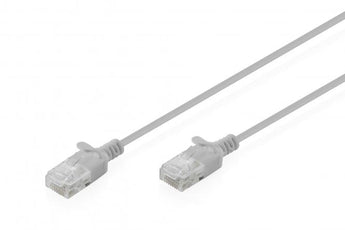 Cabo patch cord Digitus Slim CAT 6 Cinza (1 metros). Diâmetro ultra-fino de 2.7mm ideal para espaços apertados. Suporta Gigabit e PoE/PoE+ com revestimento LSZH.