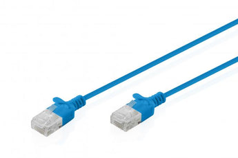 Cabo patch cord Digitus Slim CAT 6 Azul (5 metros). Diâmetro ultra-fino de 2.7mm ideal para espaços apertados. Suporta Gigabit e PoE/PoE+ com revestimento LSZH.
