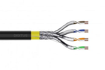 Cabo de instalação exterior Digitus CAT 7A S-FTP (Rolo 50m). Duplo revestimento (PE para Exterior + LSZH para Interior), 1500 MHz, 10Gbps e ideal para 4PPoE.