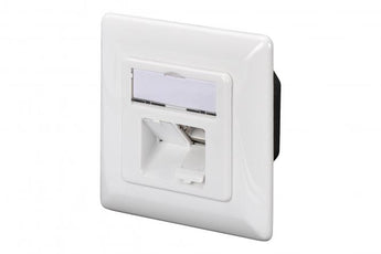 Tomada de rede saliente Digitus DN-9007-S-1 CAT 6A (10G). Duas portas RJ45 blindadas (metal fundido), instalação vertical de cabos e compatibilidade PoE+.