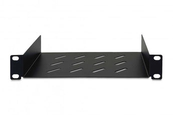 Prateleira fixa Digitus 10 polegadas 1U (DN-10-TRAY-1-B). Profundidade de 150mm, suporta até 25 kg, em aço perfurado para fluxo de ar. Cor preta (RAL 9005).
