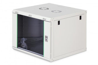 Bastidor de parede Digitus Dynamic Basic 9U. Dimensões 600x600mm, entregue totalmente montado. Inclui porta de vidro com fechadura e suporta até 60kg.