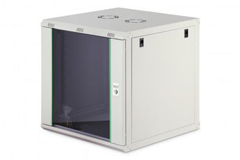 Armário bastidor de parede Digitus Dynamic Basic 12U. Dimensões 600x600mm, porta de vidro bloqueável, cor cinzento (RAL 7035) e capacidade até 60 kg.