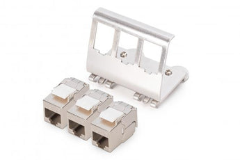 Digitus DN-25183: adaptador DIN rail 3 portas CAT 6A com 3× keystone DN-93615-S, 10 Gbps, blindagem 360°, PoE/PoE+/4PPoE, aço inox, -20°C a +70°C.