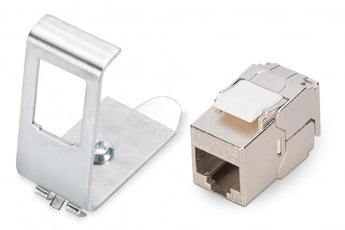 Digitus DN-25184: adaptador DIN rail 1 porta CAT 6A com 1× keystone DN-93615-S, 10 Gbps, blindagem 360°, PoE/PoE+/4PPoE, aço inox, -20°C a +70°C.