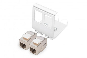 Digitus DN-25185: adaptador DIN rail 2 portas CAT 6A com 2× keystone DN-93615-S, 10 Gbps, blindagem 360°, PoE/PoE+/4PPoE, aço inox, -20°C a +70°C.