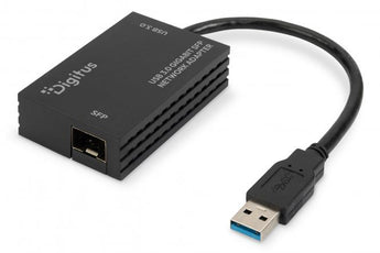 Digitus DN-3026-1: adaptador USB 3.0 para Gigabit SFP 1000 Mbps, chipset Realtek RTL8153, Plug & Play, VLAN 802.1Q, WoL, sem alimentação externa, 50 g.