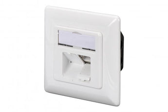 Tomada de parede embutir Digitus DN-9008-1 CAT 6A (10GBase-T). Duas portas RJ45 blindadas, cor branca (RAL9003) com tampas anti-pó. Suporta PoE e PoE+.