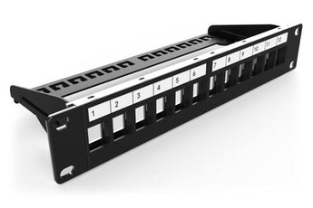 Digitus DN-91420: patch panel blindado de 10″, 12 posições Keystone vazias, 1U, aço preto RAL 9005 e janela de identificação com etiqueta.