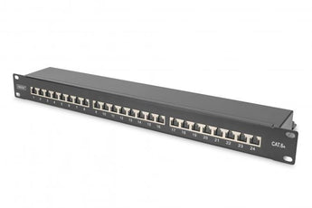 Patch Panel Digitus DN-91624S-EA-B. 24 portas Cat 6A (10GBase-T), blindagem total (360°), montagem em rack 19" (1U) e contactos banhados a ouro. Cor Preta.