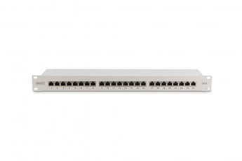 Patch Panel Digitus DN-91624S CAT 6 de 24 portas RJ45 blindadas. Formato 19" 1U, instalação fácil via blocos LSA com código de cores e cobertura de blindagem 360°.